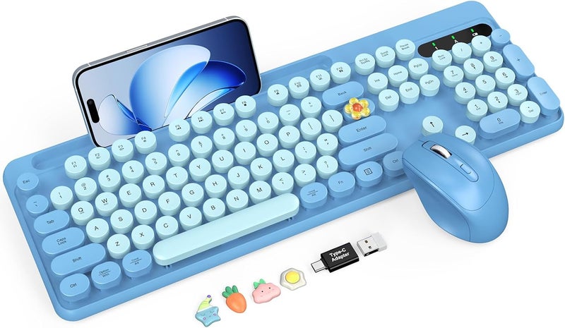 Trueque Wireless Keyboard and Mouse Combo, Retro Round Keycaps, Full-Size Cute Typewriter Keyboard with Large Phone/Tablet Holder, Auto-Sleep, 2.4GHz Cordless Connection for Windows/PC/Laptop (Sky Blue) - Image 1